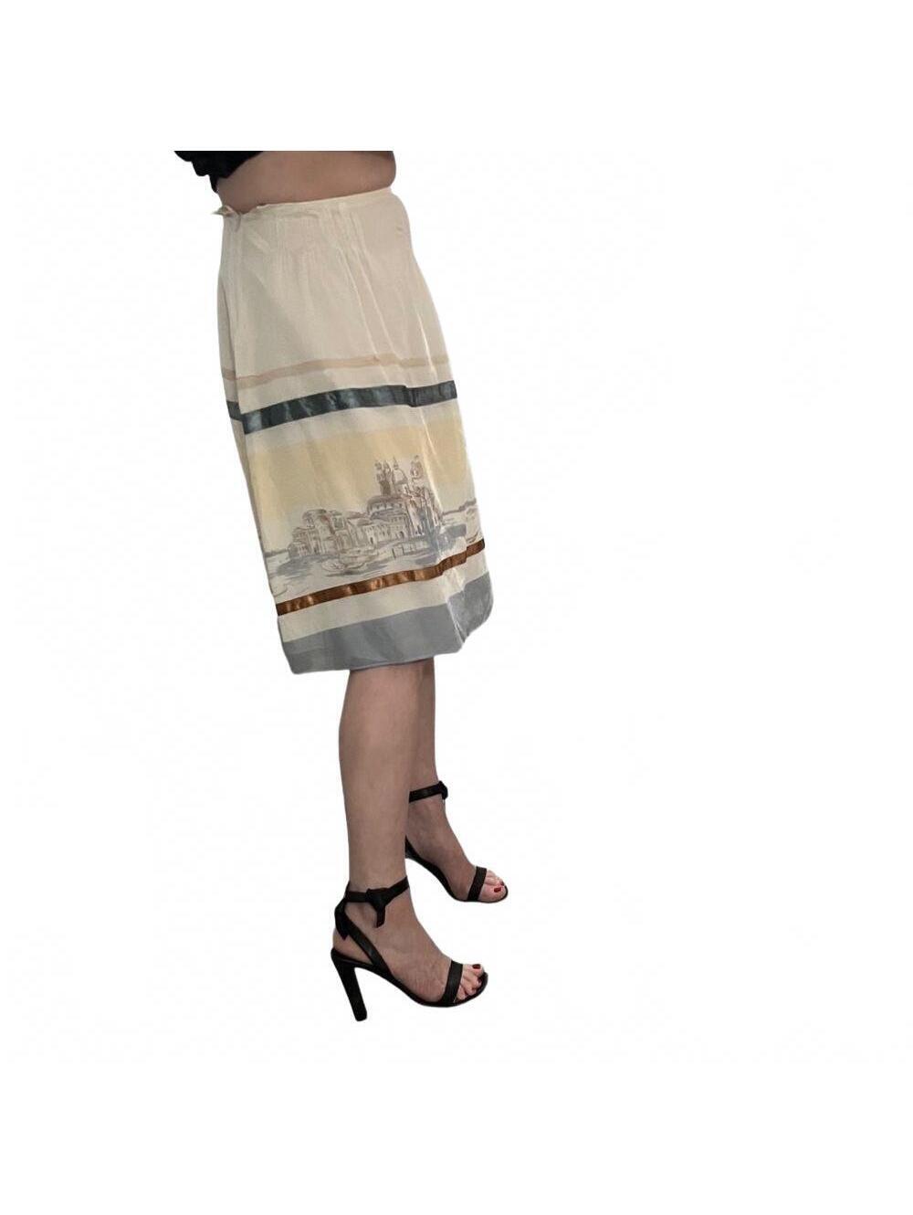 Due Per Due silk Blend Ivory Gondola Boat Print Ribbon A line Peasant Skirt 4 S
